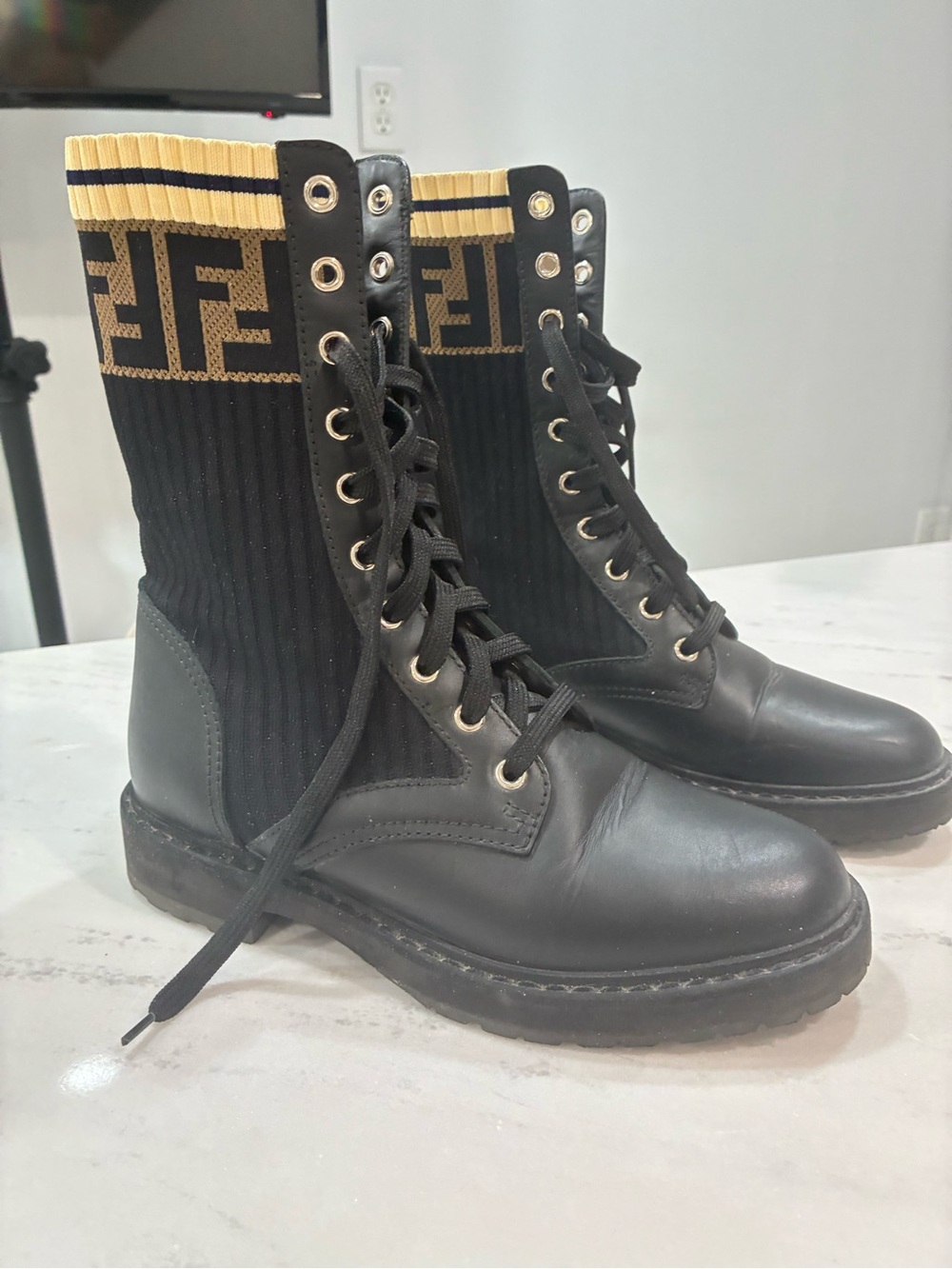 Fendi Black and Tan Lace-Up Knit Combat Boots